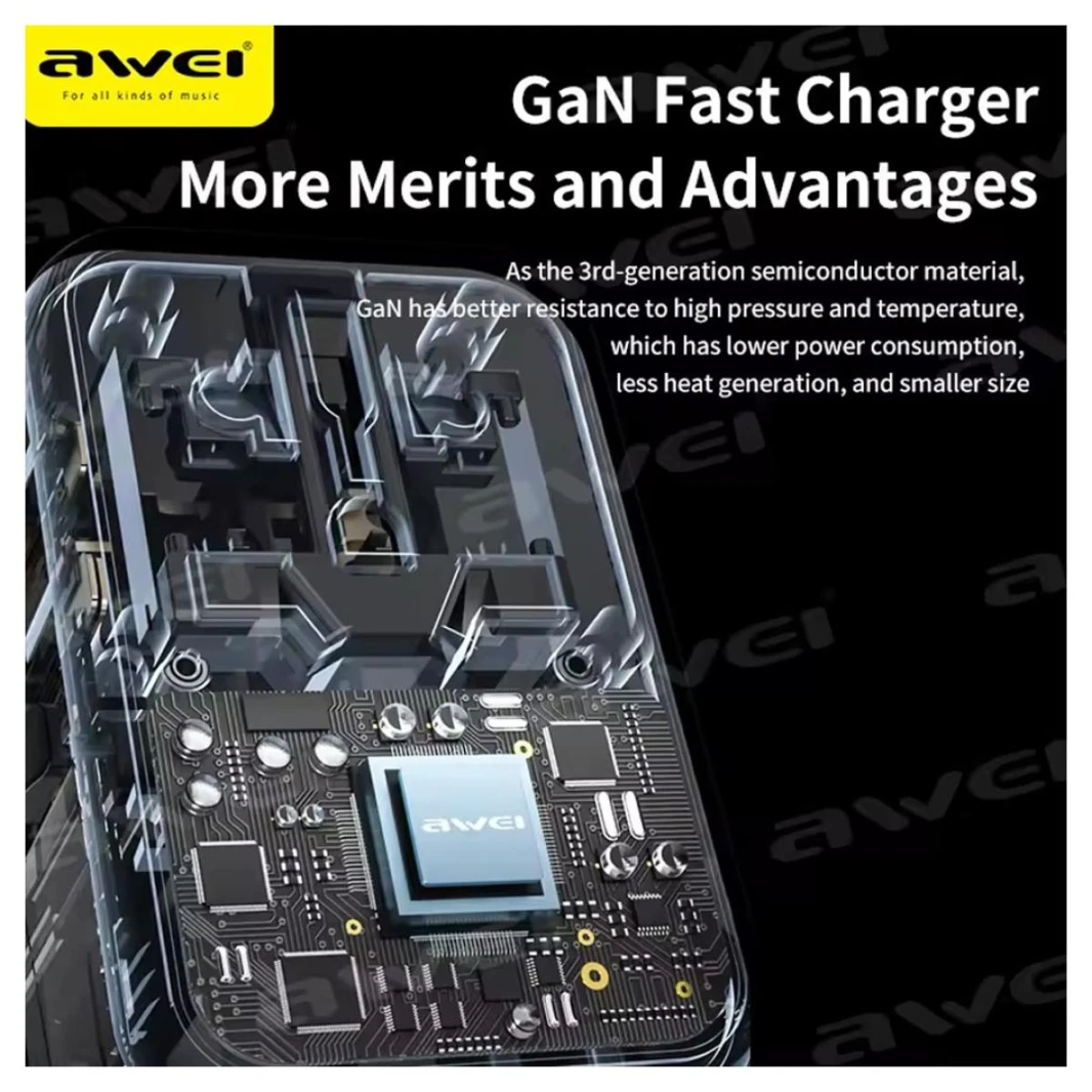 شاحن حائط AWEI 65 وات 4 في 1 محول 2xUSB+3xUSB-C AWEI C-40 شاحن GaN للسفر عالمي للولايات المتحدة/أستراليا/الاتحاد الأوروبي/المملكة المتحدة، أسود