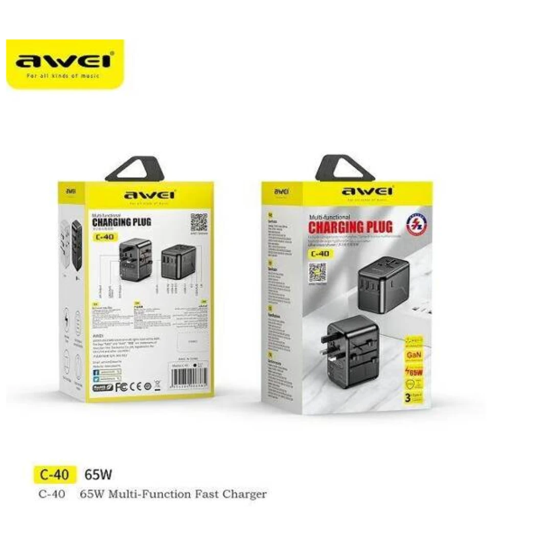 شاحن حائط AWEI 65 وات 4 في 1 محول 2xUSB+3xUSB-C AWEI C-40 شاحن GaN للسفر عالمي للولايات المتحدة/أستراليا/الاتحاد الأوروبي/المملكة المتحدة، أسود