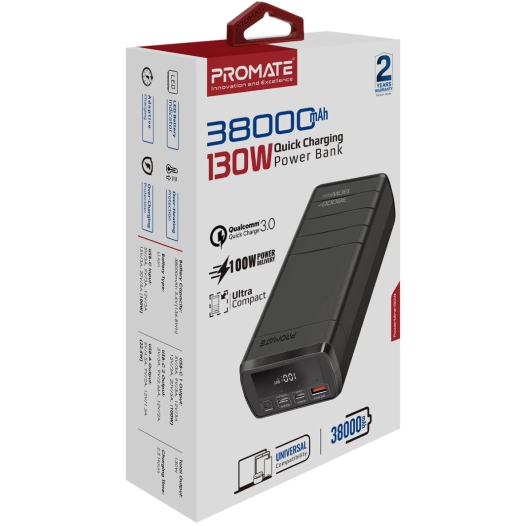 Promate PowerMine-130 38000mAh 130W Quick Charging Power Bank For Laptops Tablets Smartphones w/ Circuits Protect