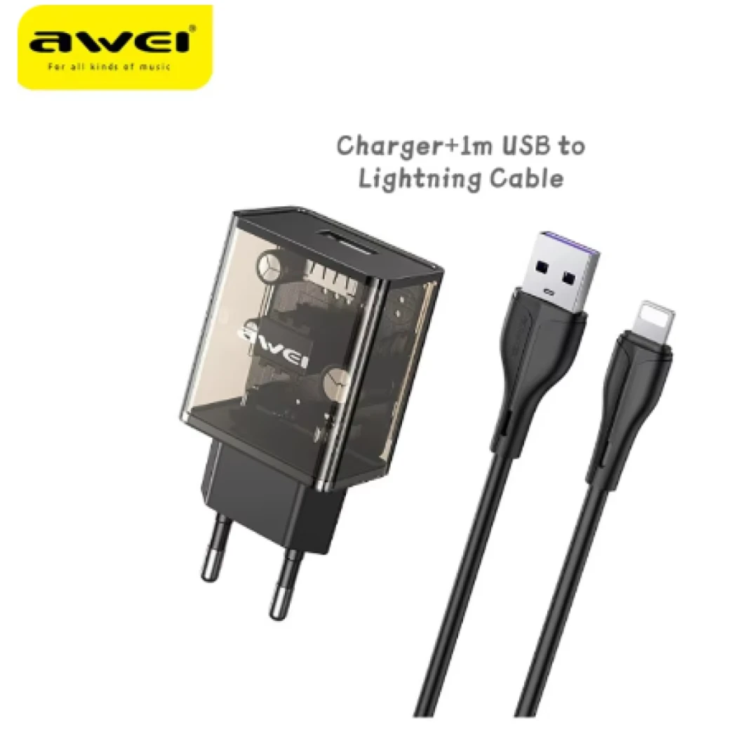 شاحن Awei الشفاف C9 شاحن سريع محمول 2.4 أمبير محول شحن صغير للسفر مع كابل بيانات 1 متر سلك شاحن إضاءة آيفون