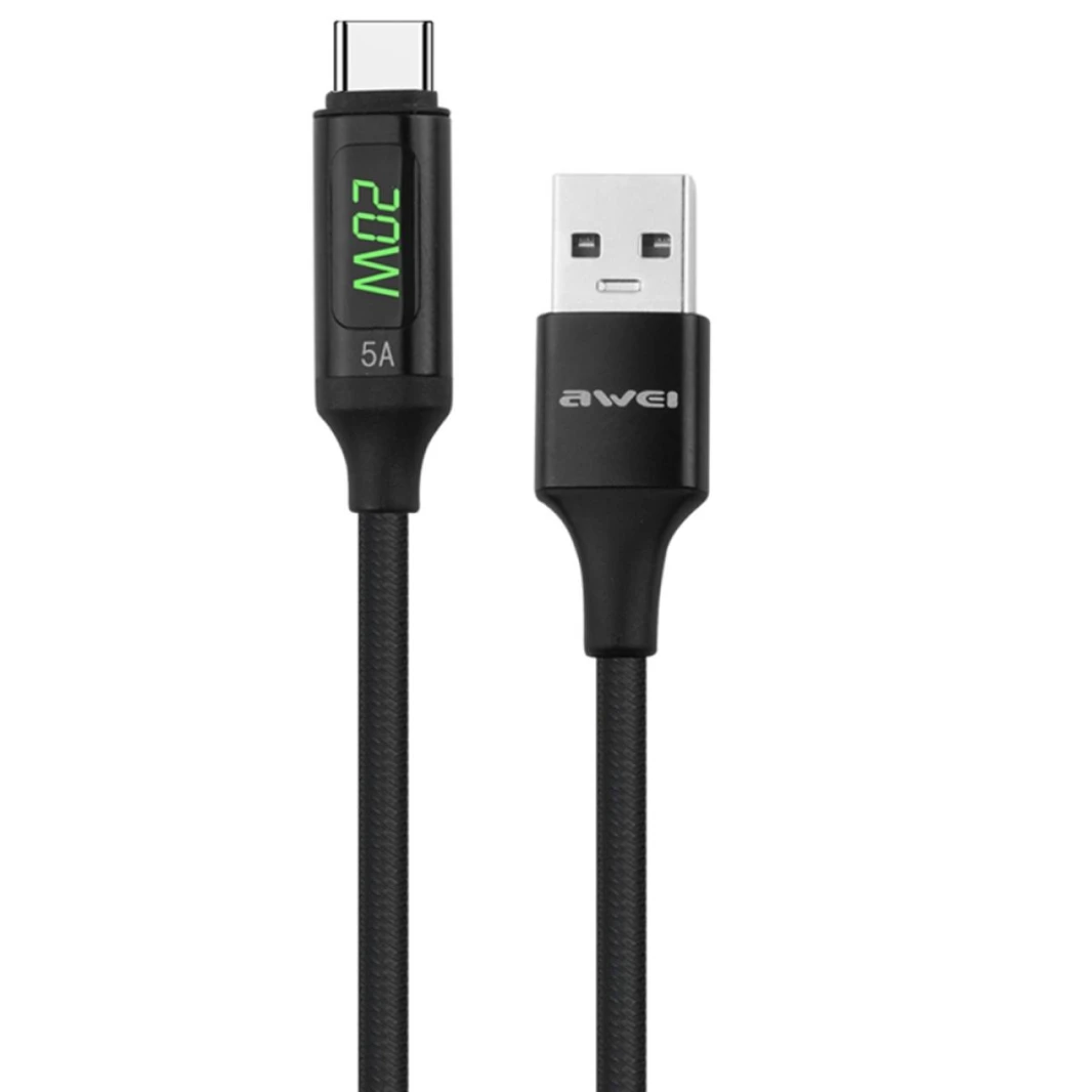 كابل شحن سريع للبيانات من AWEI CL-123T بطول 1 متر من USB إلى USB-C / Type-C بشاشة رقمية