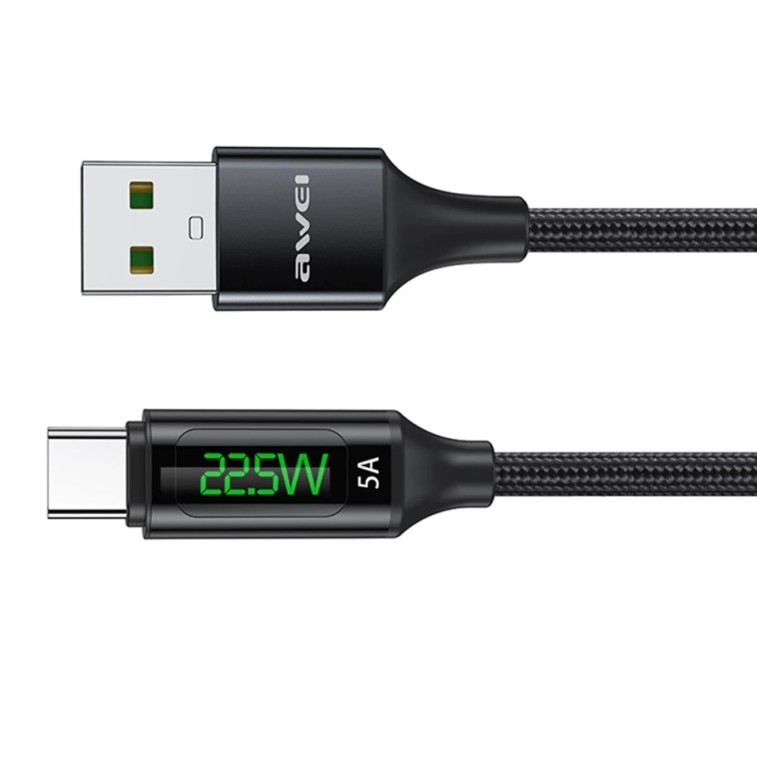 كابل شحن سريع للبيانات من AWEI CL-123T بطول 1 متر من USB إلى USB-C / Type-C بشاشة رقمية