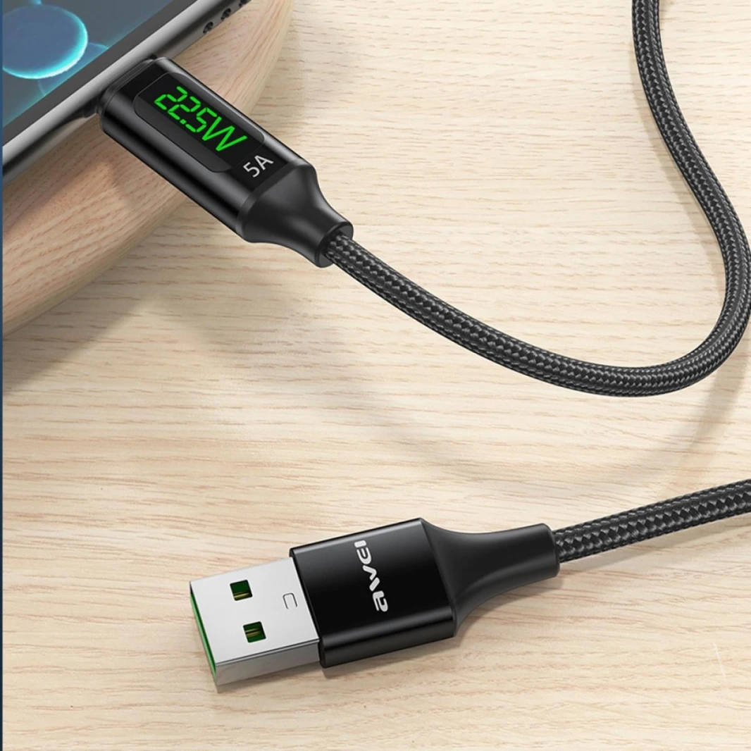 كابل شحن سريع للبيانات من AWEI CL-123T بطول 1 متر من USB إلى USB-C / Type-C بشاشة رقمية