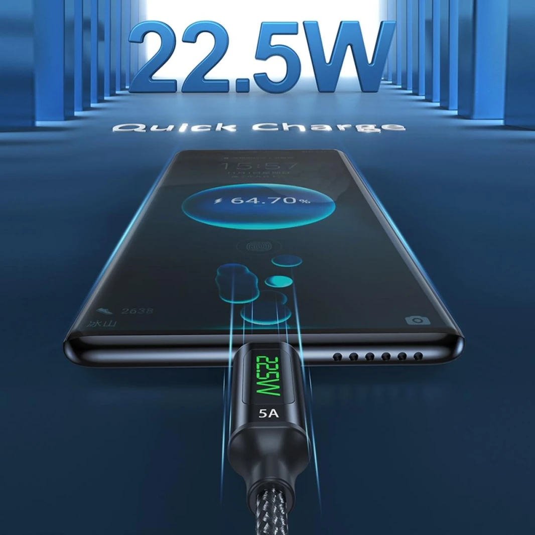 كابل شحن سريع للبيانات من AWEI CL-123T بطول 1 متر من USB إلى USB-C / Type-C بشاشة رقمية