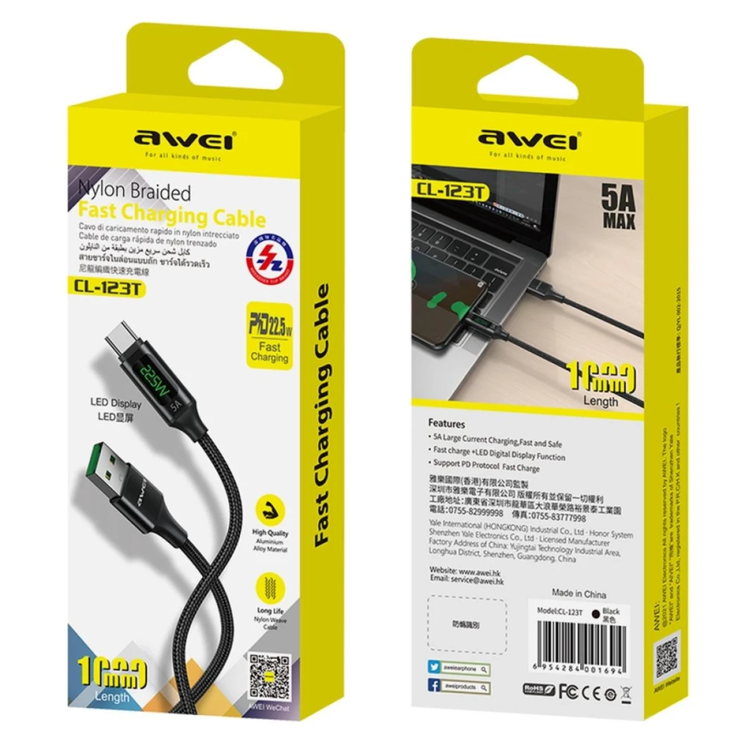 كابل شحن سريع للبيانات من AWEI CL-123T بطول 1 متر من USB إلى USB-C / Type-C بشاشة رقمية