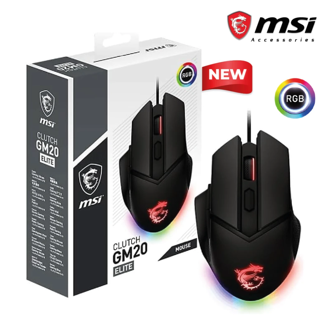ماوس الألعاب MSI Clutch GM20 Elite، 6400 نقطة في البوصة، أكثر من 20 مليون نقرة، مفتاح OMRON، مستشعر بصري، أوزان قابلة للتعديل، تصميم مريح لليد اليمنى، إضاءة RGB Mystic