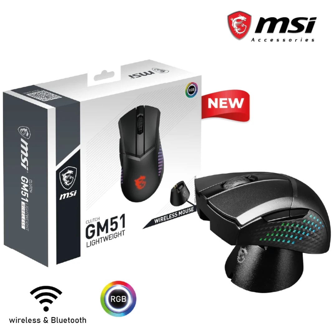 ماوس ألعاب لاسلكي خفيف الوزن MSI Clutch GM51 وقاعدة شحن، مستشعر بصري بدقة 26 ألف نقطة في البوصة، 2.4 جيجاهرتز وبلوتوث، ومفاتيح Omron بطول 60 مترًا، وشحن سريع و5 أزرار قابلة للبرمجة
