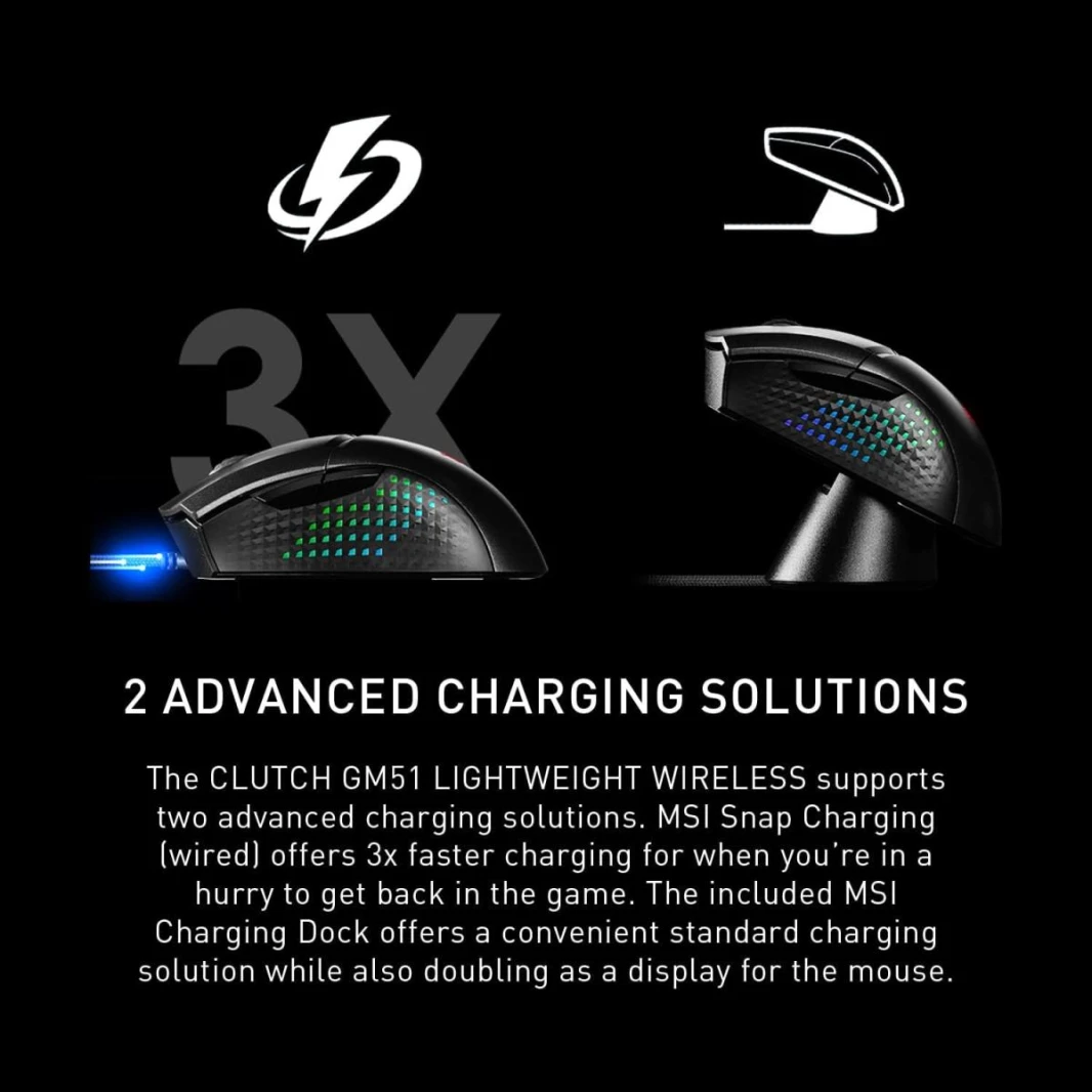 ماوس ألعاب لاسلكي خفيف الوزن MSI Clutch GM51 وقاعدة شحن، مستشعر بصري بدقة 26 ألف نقطة في البوصة، 2.4 جيجاهرتز وبلوتوث، ومفاتيح Omron بطول 60 مترًا، وشحن سريع و5 أزرار قابلة للبرمجة
