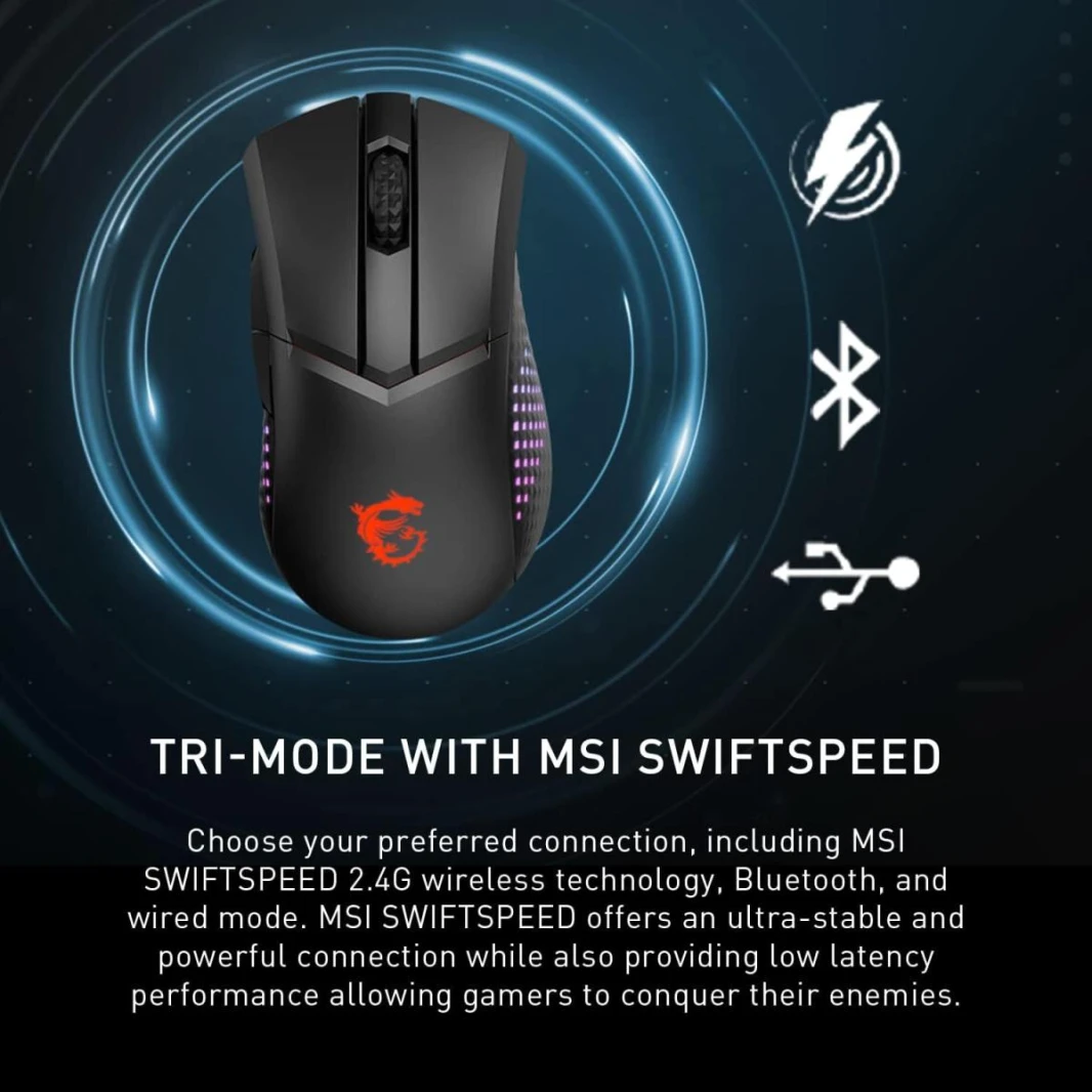 ماوس ألعاب لاسلكي خفيف الوزن MSI Clutch GM51 وقاعدة شحن، مستشعر بصري بدقة 26 ألف نقطة في البوصة، 2.4 جيجاهرتز وبلوتوث، ومفاتيح Omron بطول 60 مترًا، وشحن سريع و5 أزرار قابلة للبرمجة