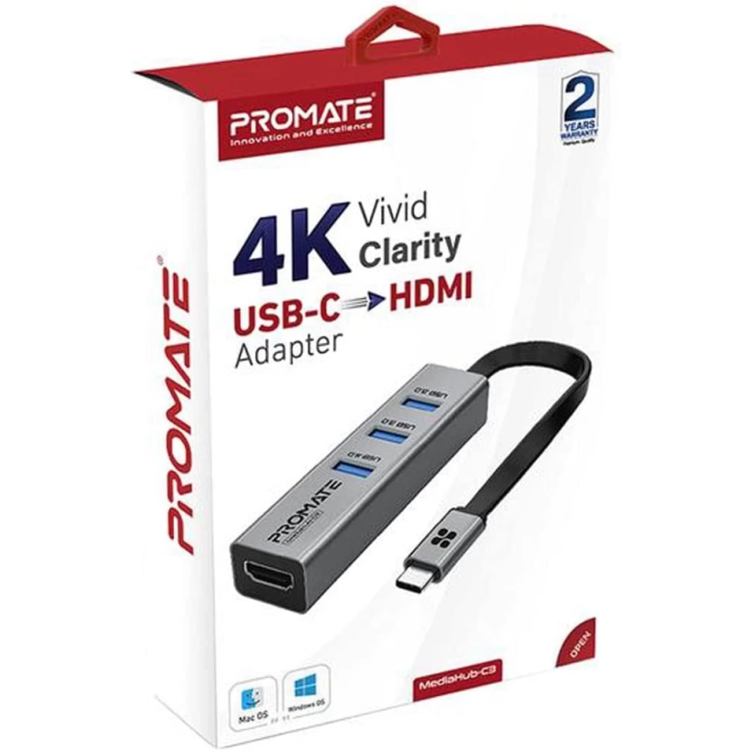 Promate MediaHub-C3 Aluminum USB-C to HDMI Adapter Ultra-Compact Type-C to 4K 30Hz HDMI Hub w/ 3 USB 3.0 Sync Charge 5Gbps Ports