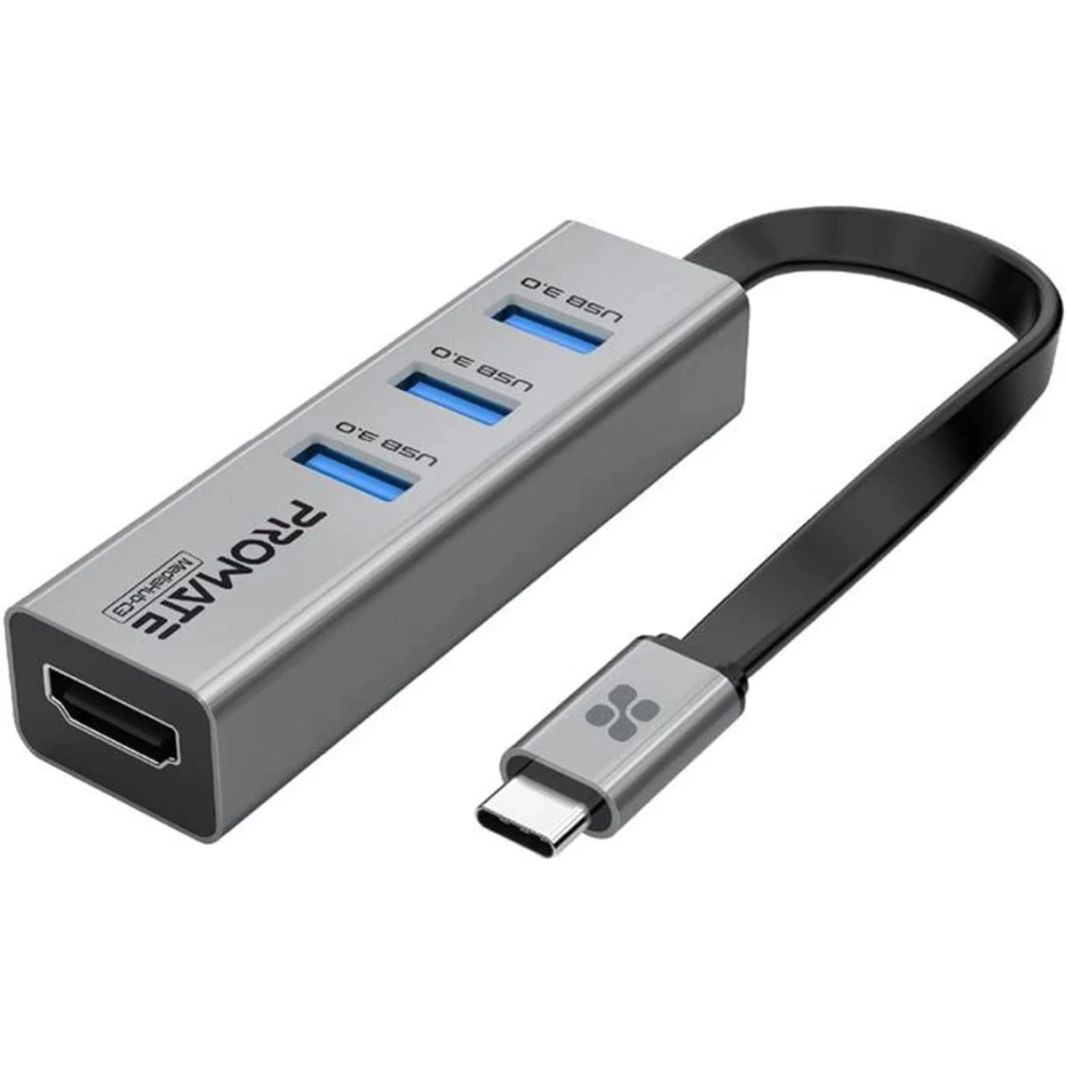 محول Promate MediaHub-C3 من الألومنيوم USB-C إلى HDMI، موزع HDMI صغير الحجم للغاية من النوع C إلى 4K بمعدل تحديث 30 هرتز مع 3 منافذ USB 3.0 للشحن المتزامن بسرعة 5 جيجابت في الثانية