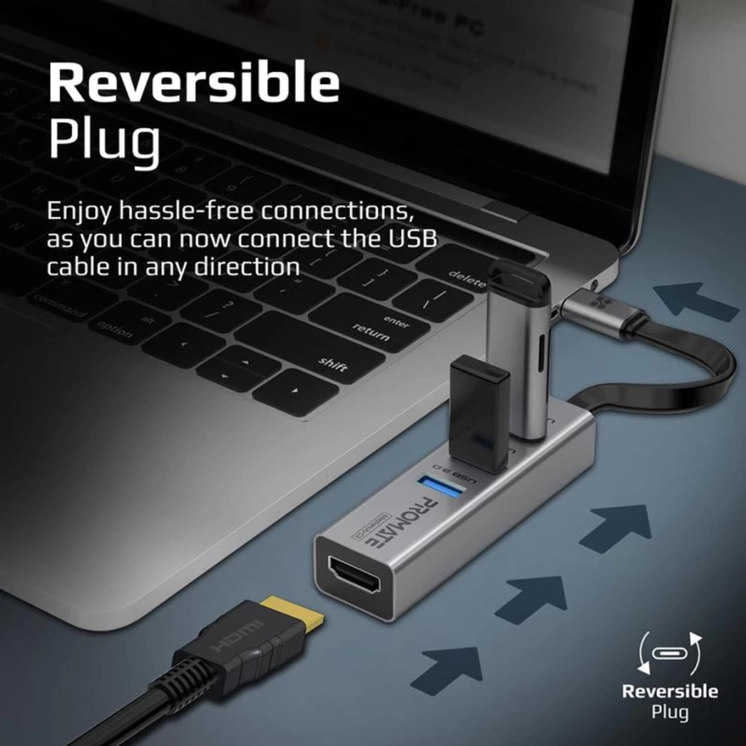 محول Promate MediaHub-C3 من الألومنيوم USB-C إلى HDMI، موزع HDMI صغير الحجم للغاية من النوع C إلى 4K بمعدل تحديث 30 هرتز مع 3 منافذ USB 3.0 للشحن المتزامن بسرعة 5 جيجابت في الثانية