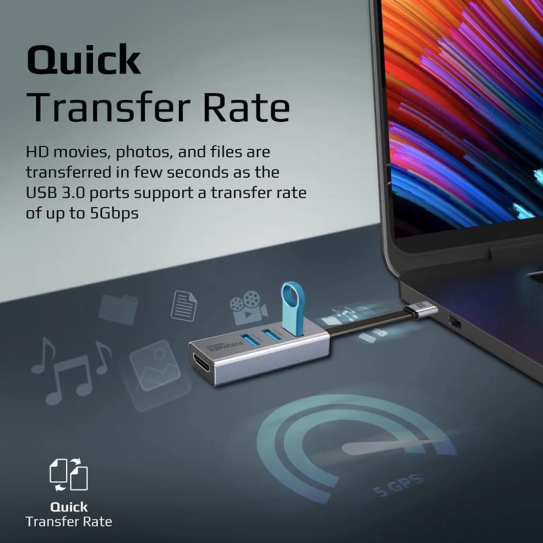 محول Promate MediaHub-C3 من الألومنيوم USB-C إلى HDMI، موزع HDMI صغير الحجم للغاية من النوع C إلى 4K بمعدل تحديث 30 هرتز مع 3 منافذ USB 3.0 للشحن المتزامن بسرعة 5 جيجابت في الثانية