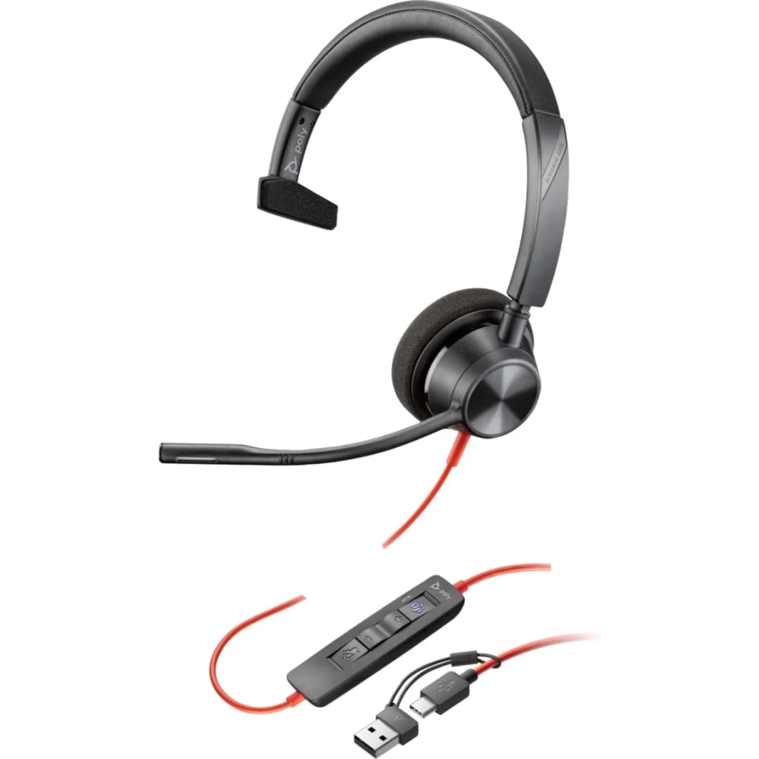 Poly Blackwire 3310 Wired USB Type-A & Wired USB Type-C One-Ear Boom Mic Noise & Echo Reduction For PC & Mac Works with Teams (Certified)