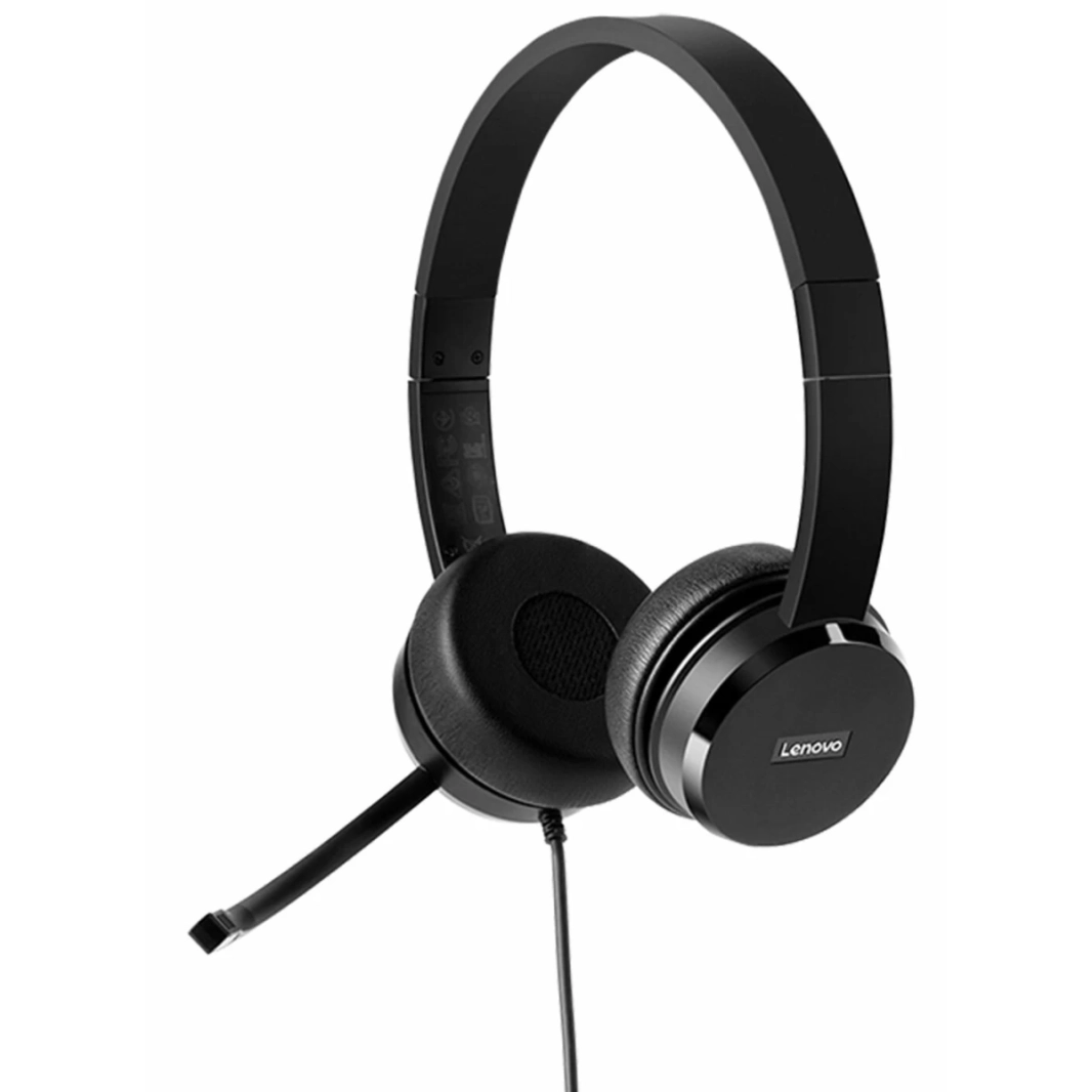 Lenovo 100 Stereo Analog Headset USB 180° Boom Microphone Memory-Foam Earcups - Black