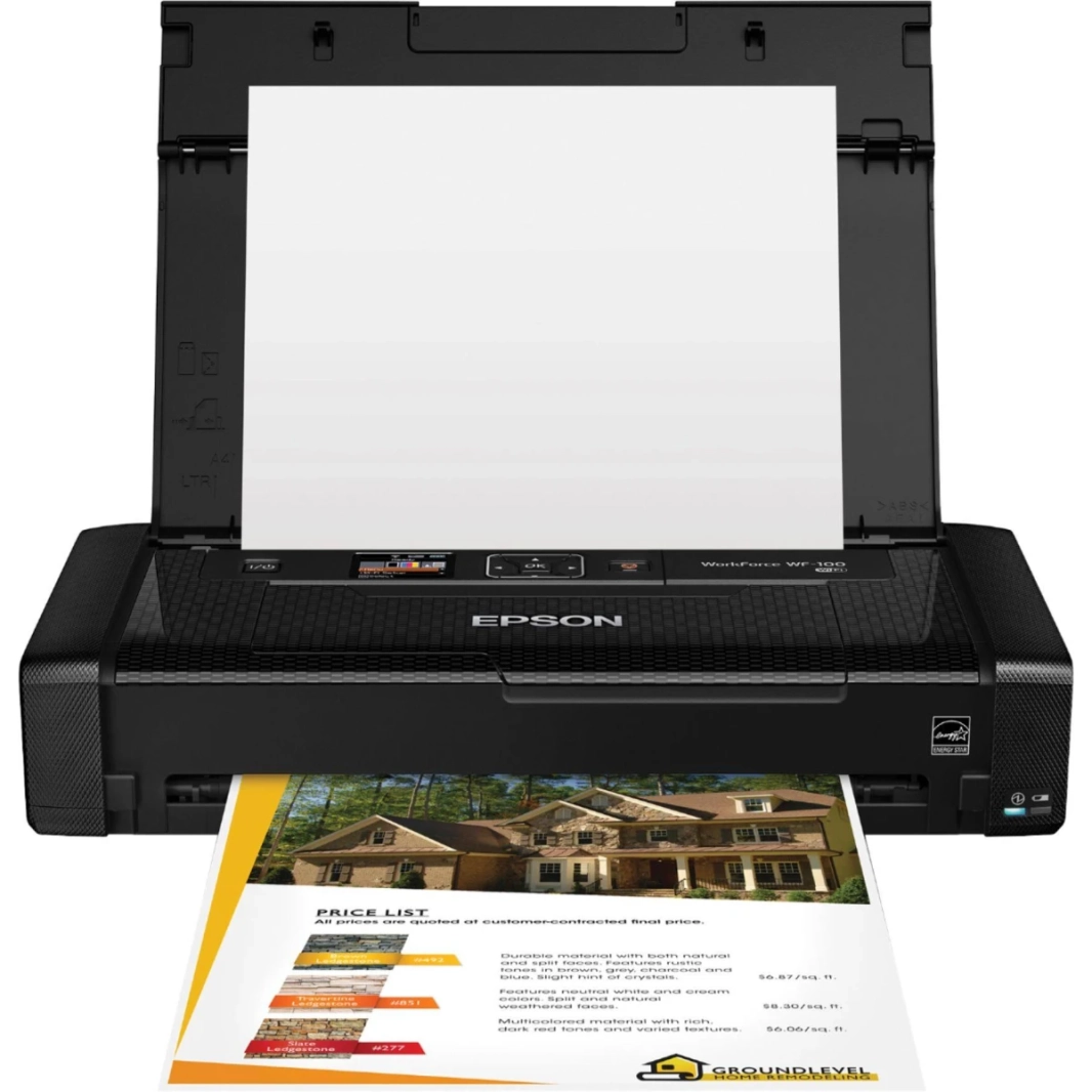 Epson Workforce WF-100W Wireless Color Mobile A4 Printer Built in Rechargeable Battery (USB or AC adapter) w/ 1.4" LCD & Fade , Water Resistant Ink