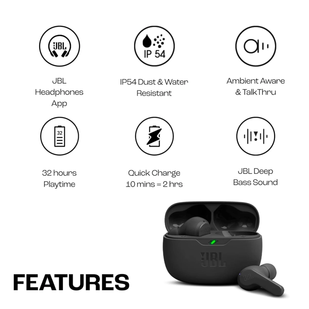 سماعات أذن لاسلكية JBL Wave Beam داخل الأذن مع تطبيق TWS لتعديل مستوى الجهير الإضافي، بطارية 32 ساعة شحن سريع مقاومة للماء والغبار IP54 Ambient Aware - أسود