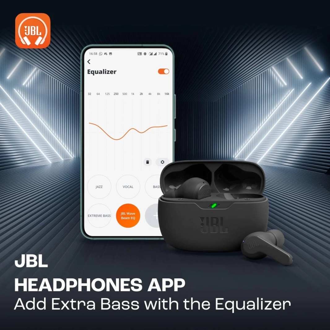 سماعات أذن لاسلكية JBL Wave Beam داخل الأذن مع تطبيق TWS لتعديل مستوى الجهير الإضافي، بطارية 32 ساعة شحن سريع مقاومة للماء والغبار IP54 Ambient Aware - أسود