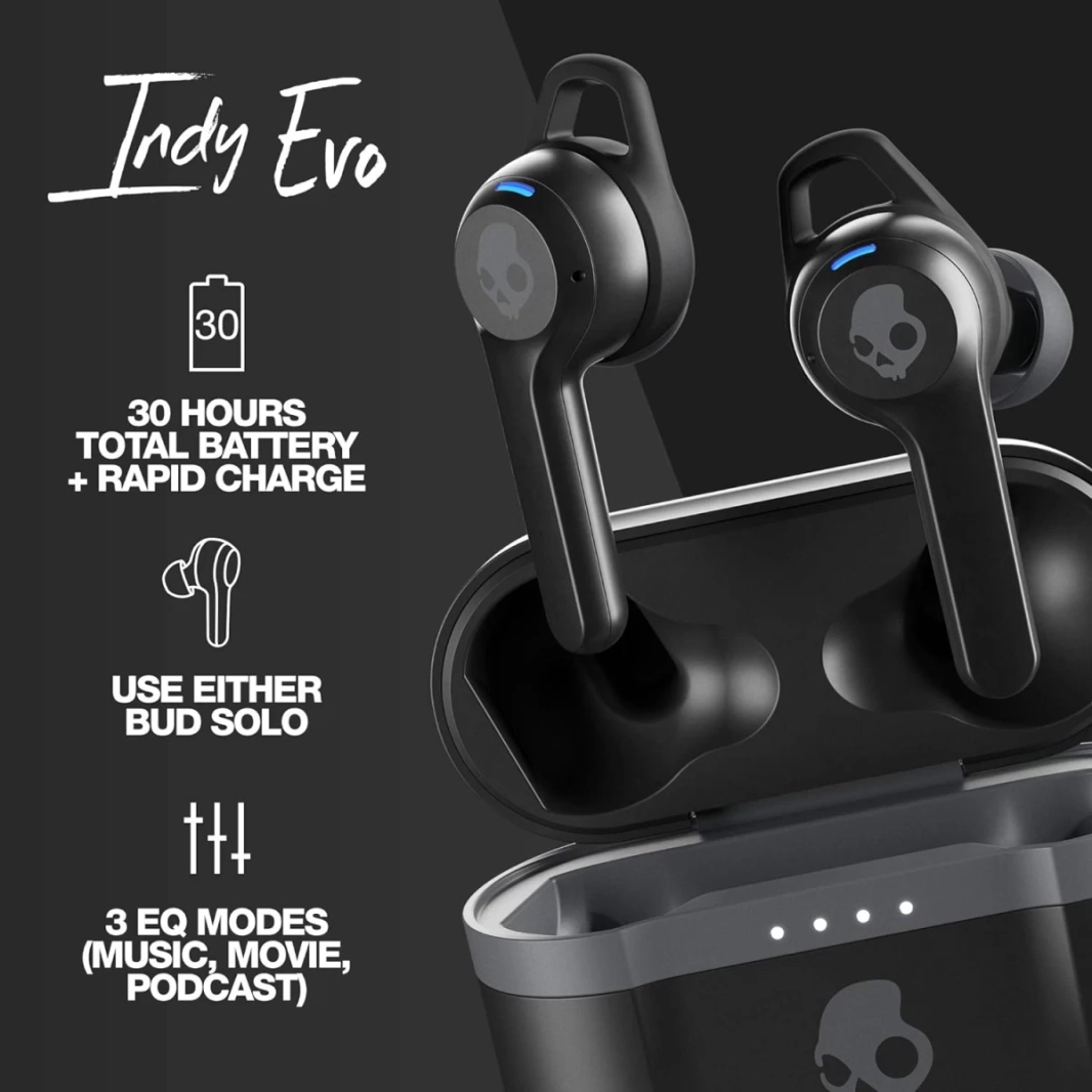 سماعات أذن لاسلكية Skullcandy Indy Evo، بطارية تدوم 30 ساعة، ميكروفون، تعمل مع أجهزة iPhone وAndroid وBluetooth - أسود