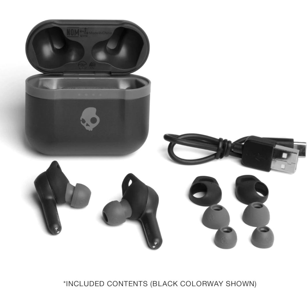 سماعات أذن لاسلكية Skullcandy Indy Evo، بطارية تدوم 30 ساعة، ميكروفون، تعمل مع أجهزة iPhone وAndroid وBluetooth - أسود