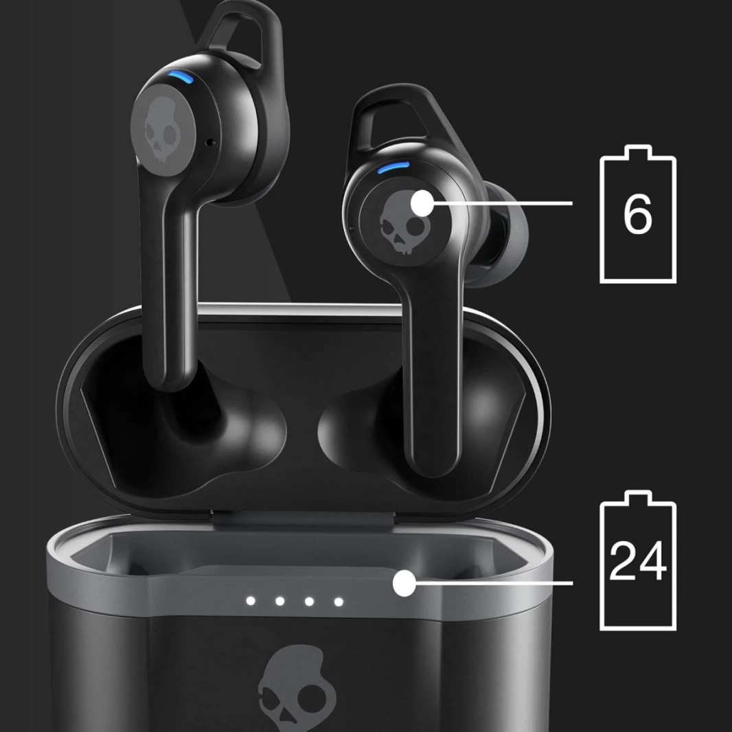 سماعات أذن لاسلكية Skullcandy Indy Evo، بطارية تدوم 30 ساعة، ميكروفون، تعمل مع أجهزة iPhone وAndroid وBluetooth - أسود