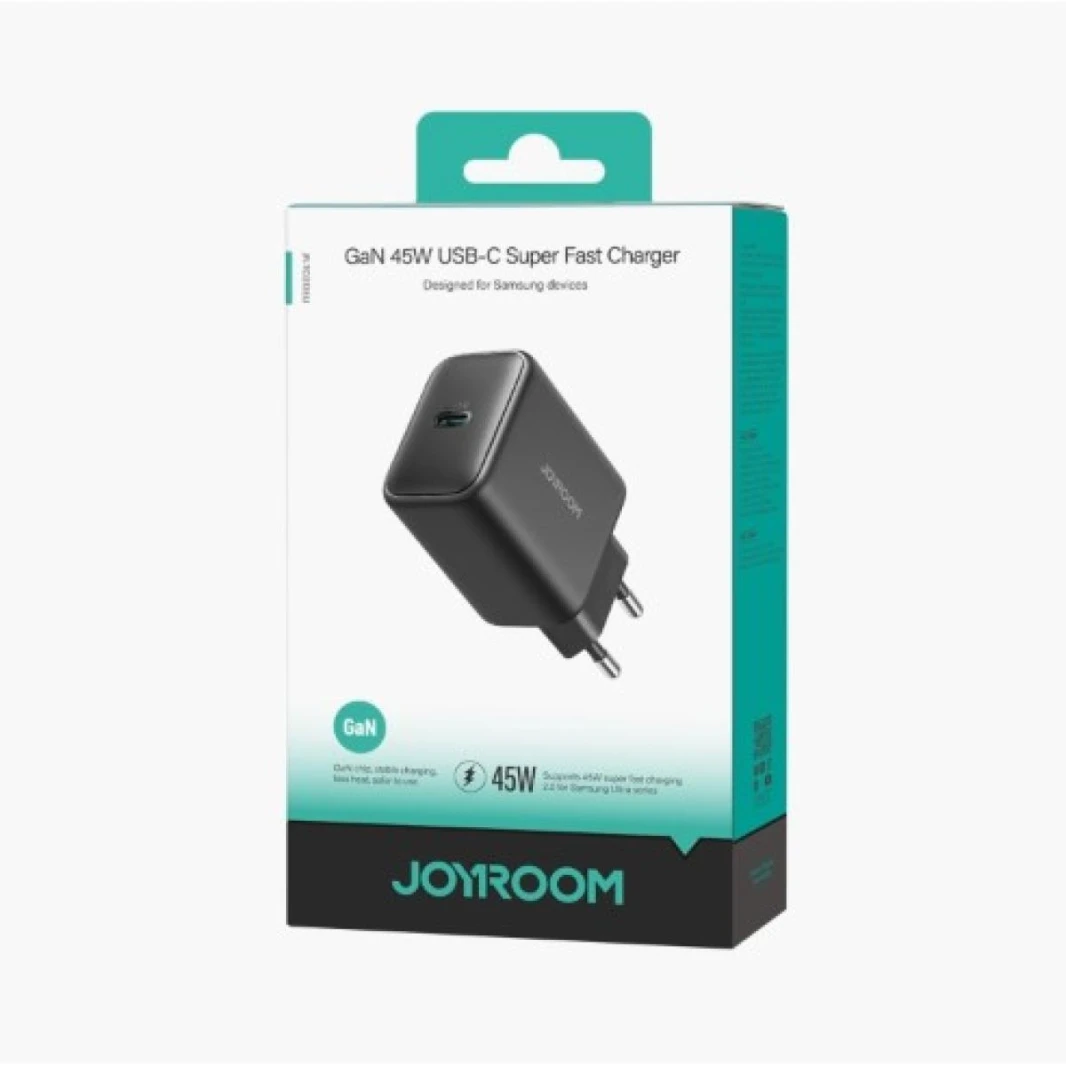 شاحن JOYROOM JR-TCG13 فائق السرعة 45 وات GaN بمنفذ USB-C / Type-C، قابس: قابس الاتحاد الأوروبي - أسود / ضمان لمدة 18 شهرًا