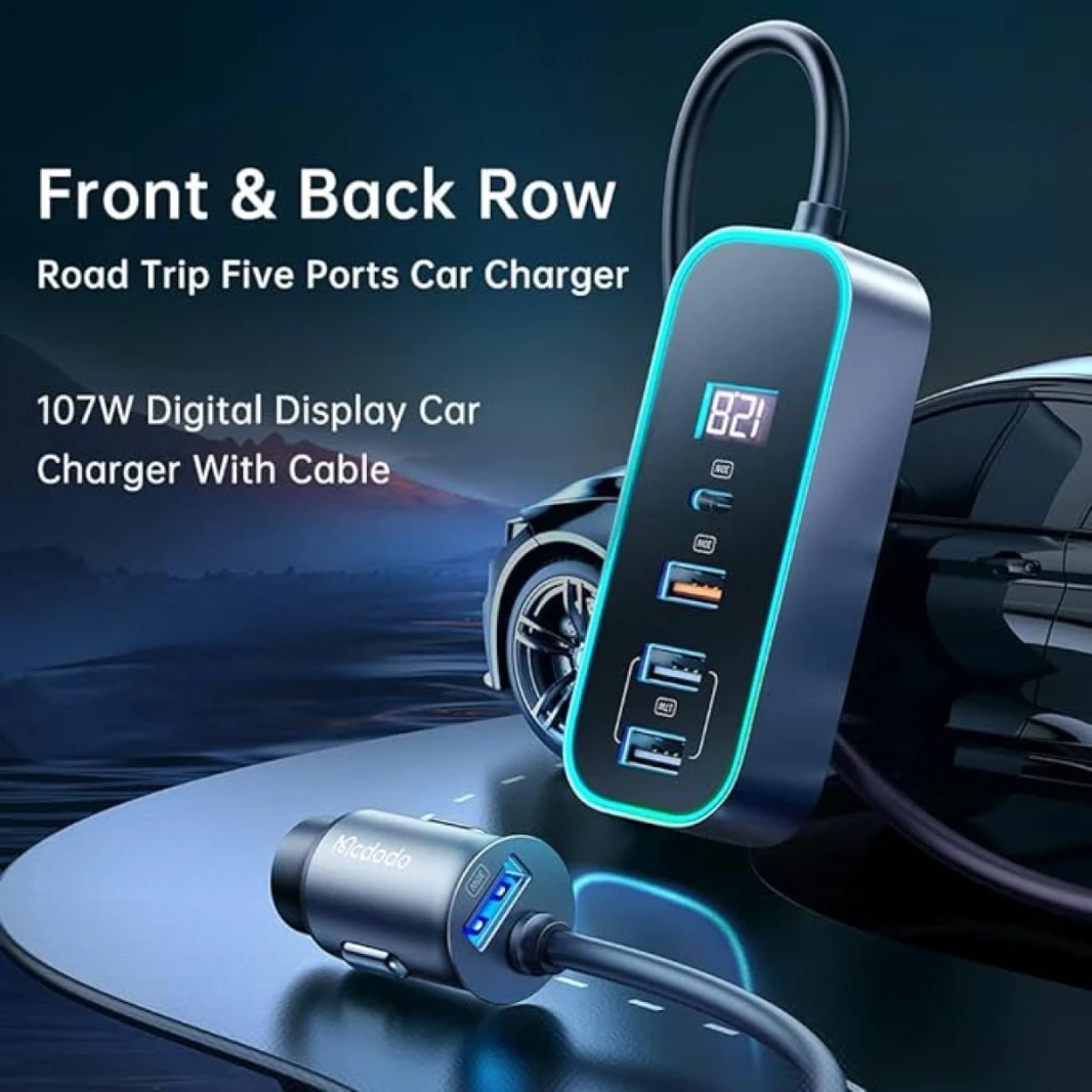 شاحن سيارة Mcdodo CC-1900 بقوة 107 وات مزود بـ 4 منافذ USB + Type C وشاشة رقمية