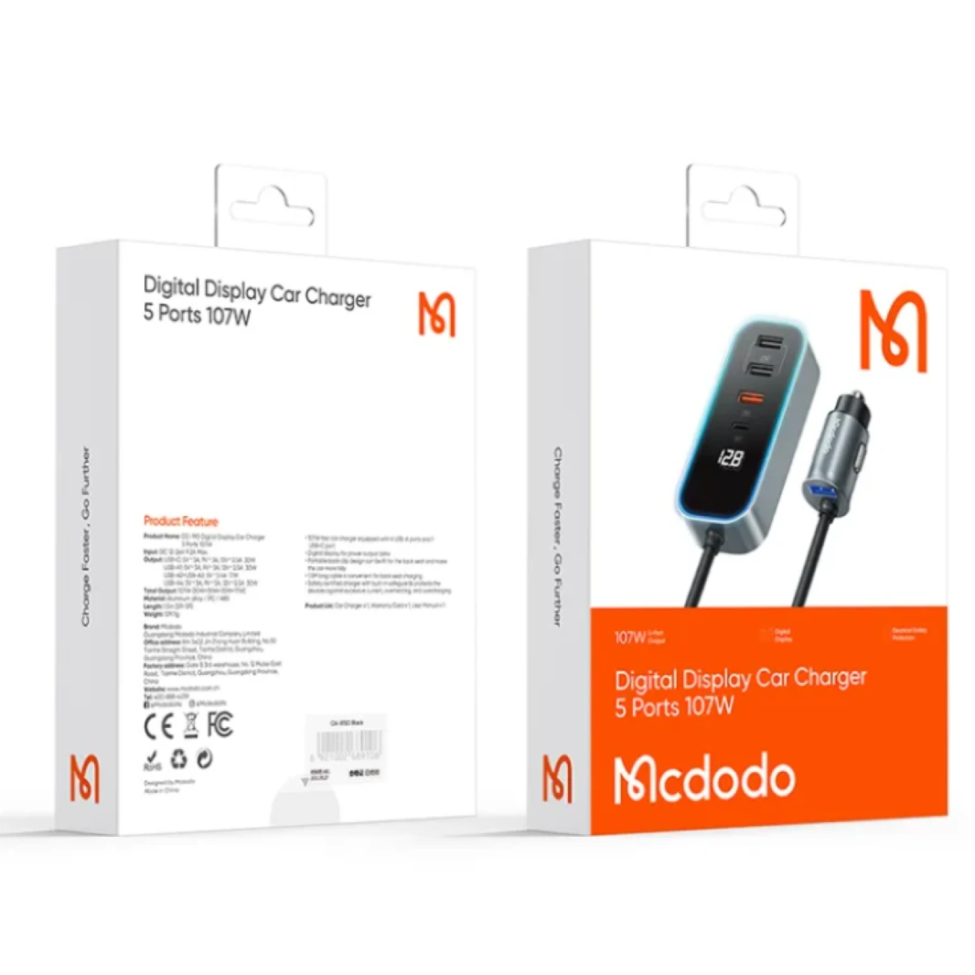 شاحن سيارة Mcdodo CC-1900 بقوة 107 وات مزود بـ 4 منافذ USB + Type C وشاشة رقمية