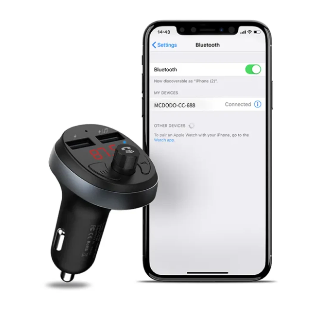 شاحن سيارة MP3 من Mcdodo مزود بشاشة LED وجهاز إرسال FM وشاحن سيارة بقوة 3 أمبير وتردد FM ومعلومات حالة العمل -5 فولت و3 أمبير للشحن