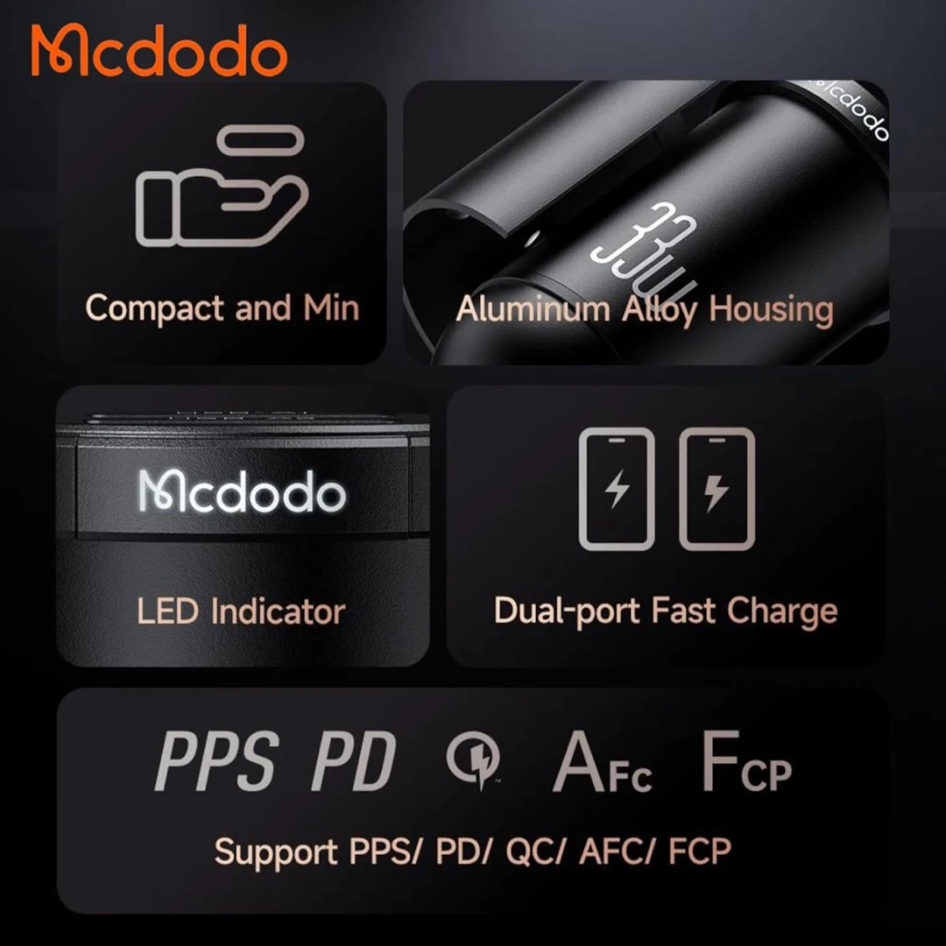 شاحن سيارة سريع 33 وات 1C+1A PD من Mcdodo CC-2320 مع دائرة IC ذكية LED للشحن السريع متوافق مع PD3.0 وFCP/SCP وAFC وQC3.0