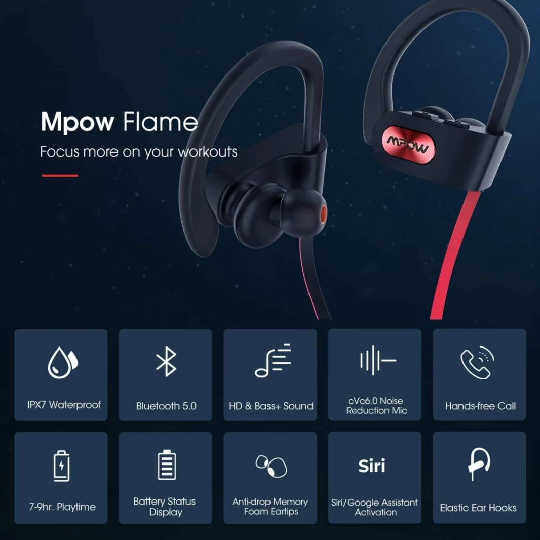سماعة Mpow Flame IPX7 مقاومة للماء ومزودة بتقنية البلوتوث V5.0 مع ميكروفون لإلغاء الضوضاء وستيريو هاي فاي، باللون الأزرق