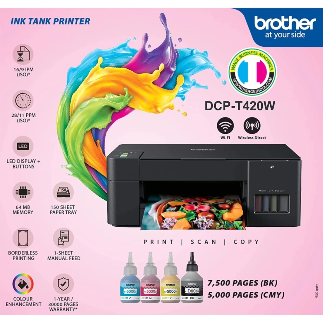 آلة Brother DCP-T420W Ink Tank All-in-One اللاسلكية متعددة الوظائف (نسخ/طباعة/مسح ضوئي/صور) - أسود