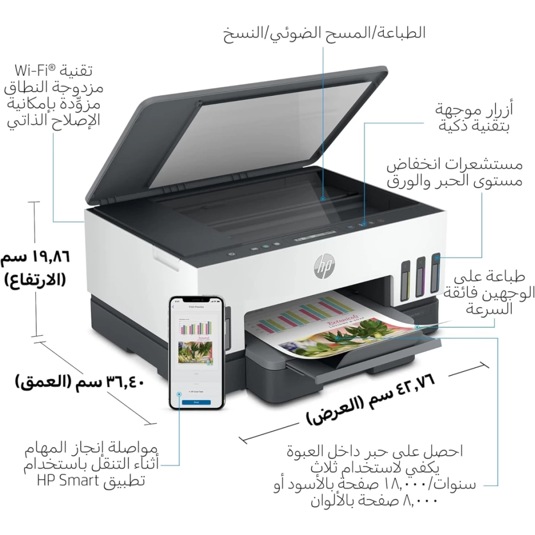 طابعة HP Smart Tank 720 WiFi Duplex متعددة الوظائف للطباعة والمسح الضوئي والنسخ مع مستشعر الحبر والورق التلقائي اللاسلكي (حتى 12000 لون أسود و8000 لون ملون)