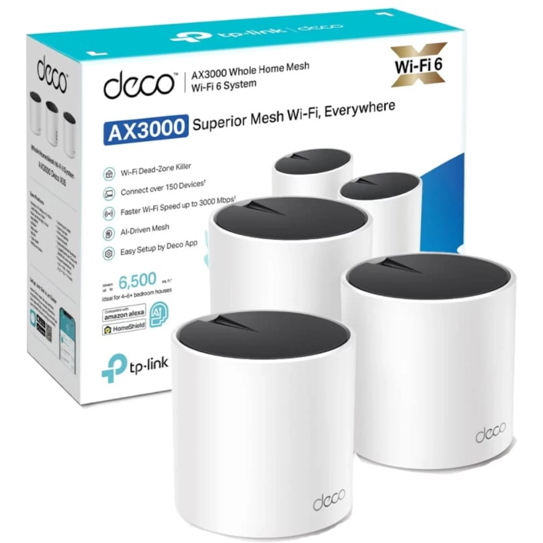 يغطي نظام TP-Link Deco X55 AX3000 WiFi 6 Mesh مساحة تصل إلى 6500 قدم مربع، ويحل محل جهاز التوجيه اللاسلكي وموسع النطاق، ويحتوي على 3 منافذ جيجابت لكل وحدة، ويدعم النقل عبر Ethernet (عبوة من 3 قطع)