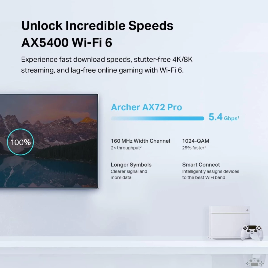 راوتر TP-Link Archer AX72 Pro AX5400 WiFi 6 بمنفذ Gigabit 1x 2.5 Gbps وشبكة ضيف ثنائية النطاق ومنفذ USB 3.0 ومتوافق مع Alexa