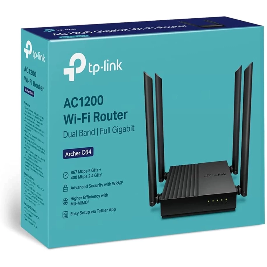 راوتر TP-Link C64 AC1200 ثنائي النطاق Gigabit Wi-Fi بسرعة تصل إلى 1200 ميجابت في الثانية