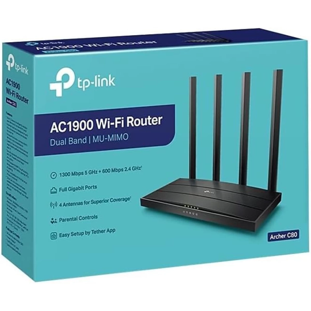 جهاز توجيه TP-Link Archer C80 AC1900 اللاسلكي بتقنية MU-MIMO وشبكة واي فاي ثنائية النطاق وجهاز توجيه للإنترنت اللاسلكي للمنزل، وأدوات التحكم الأبوي ومراقبة الجودة وتكوين الحزمة
