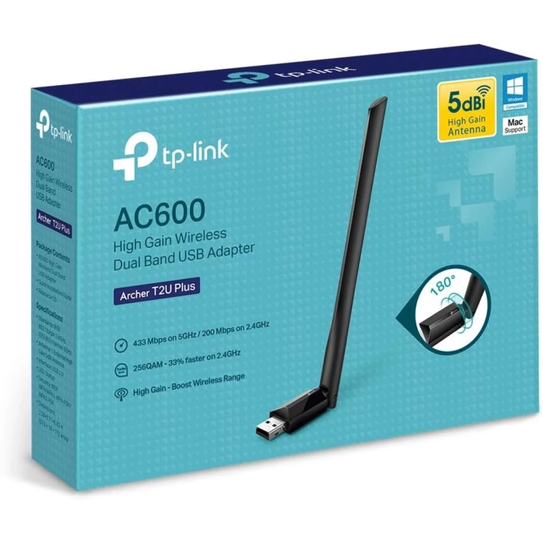محول واي فاي USB TP-Link Archer T2U Plus AC600 للكمبيوتر الشخصي مع هوائي ثنائي النطاق عالي الكسب 2.4 جيجاهرتز و5 جيجاهرتز 5 ديسيبل، يدعم Windows وMac