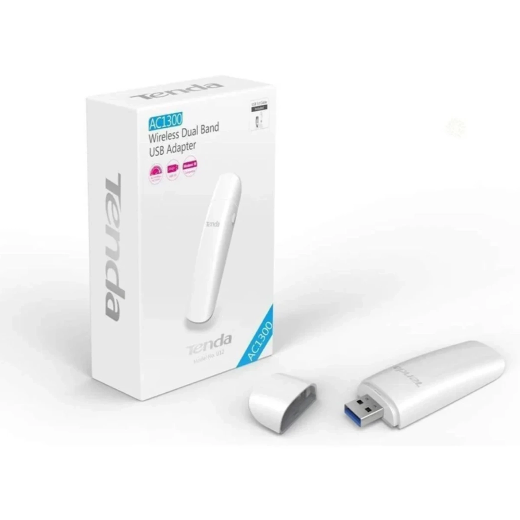 محول Tenda U12 Wi-Fi USB AC1300 ثنائي النطاق لاسلكي Wi-Fi USB 3.0 مع هوائي مدمج عالي الكسب للكمبيوتر الشخصي، يعمل مع أنظمة التشغيل Windows وMac OS - أبيض