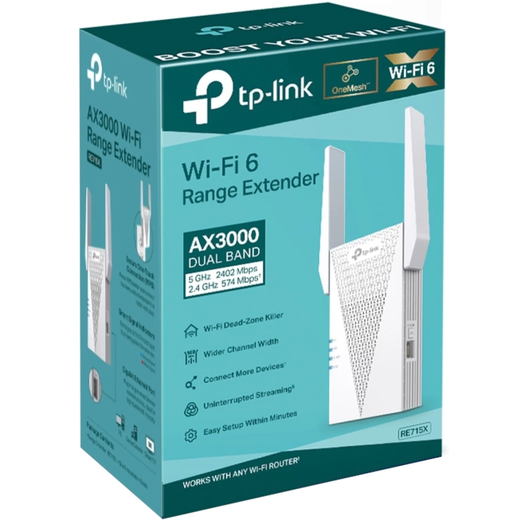 يغطي موسع نطاق WiFi 6 TP-Link RE715X AX3000 مساحة تصل إلى 1500 قدم مربع و25 جهازًا، نطاق مزدوج بسرعة تصل إلى 1.5 جيجابت في الثانية، وضع نقطة الوصول مع منفذ جيجابت، متوافق مع OneMesh