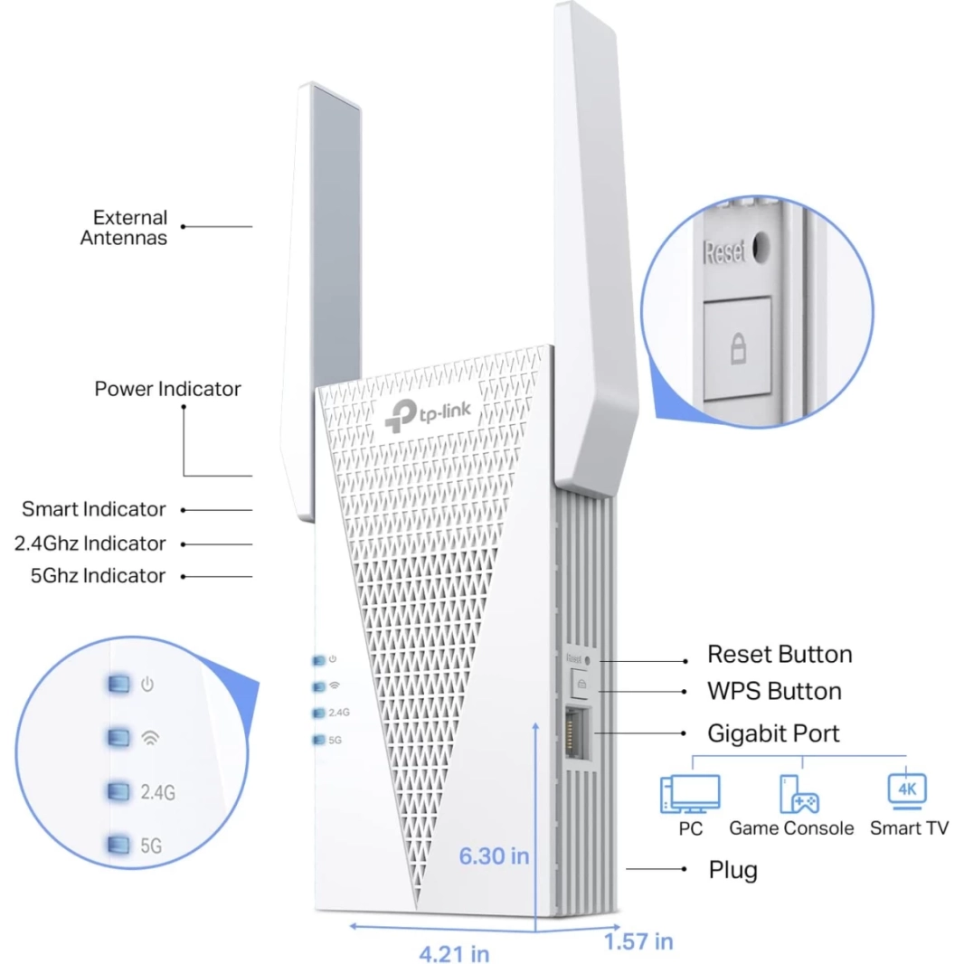 يغطي موسع نطاق WiFi 6 TP-Link RE715X AX3000 مساحة تصل إلى 1500 قدم مربع و25 جهازًا، نطاق مزدوج بسرعة تصل إلى 1.5 جيجابت في الثانية، وضع نقطة الوصول مع منفذ جيجابت، متوافق مع OneMesh