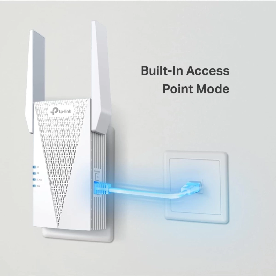 يغطي موسع نطاق WiFi 6 TP-Link RE715X AX3000 مساحة تصل إلى 1500 قدم مربع و25 جهازًا، نطاق مزدوج بسرعة تصل إلى 1.5 جيجابت في الثانية، وضع نقطة الوصول مع منفذ جيجابت، متوافق مع OneMesh