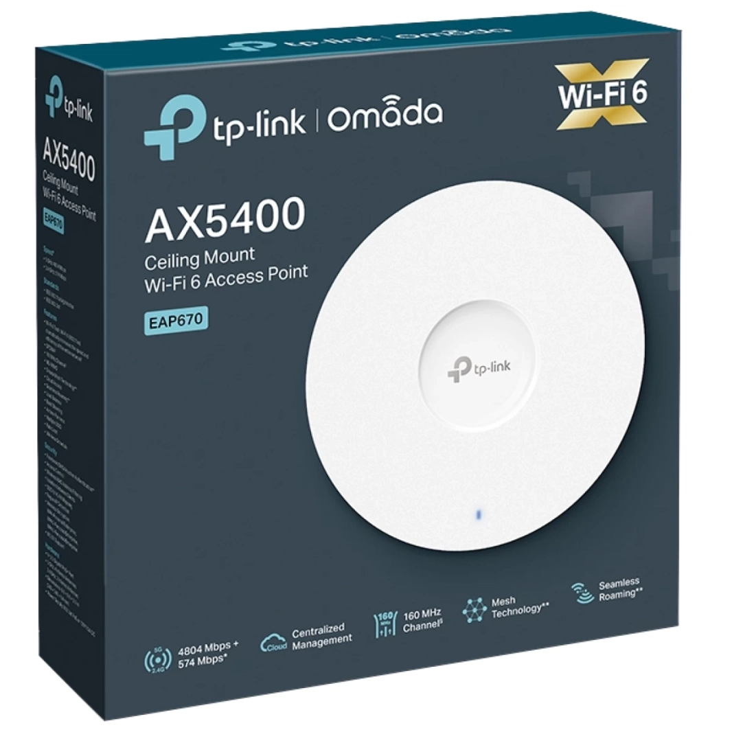 نقطة وصول لاسلكية 2.5G Omada WiFi 6 AX5400 من TP-Link EAP670 مثبتة في السقف تدعم Mesh SDN وإمكانية الوصول إلى السحابة وتطبيق Omada ومزودة بتقنية PoE+