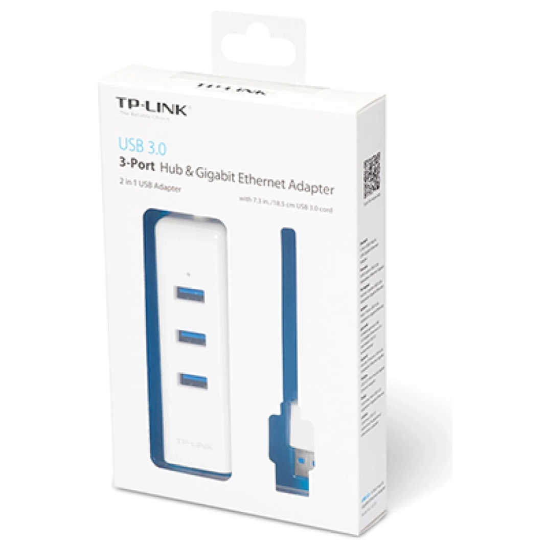 محول USB 3.0 إلى Ethernet من TP-Link UE330، موزع USB محمول بثلاثة منافذ مع منفذ إيثرنت 1 جيجابت RJ45 يدعم أنظمة التشغيل Windows وMAC وLinux وChrome OS