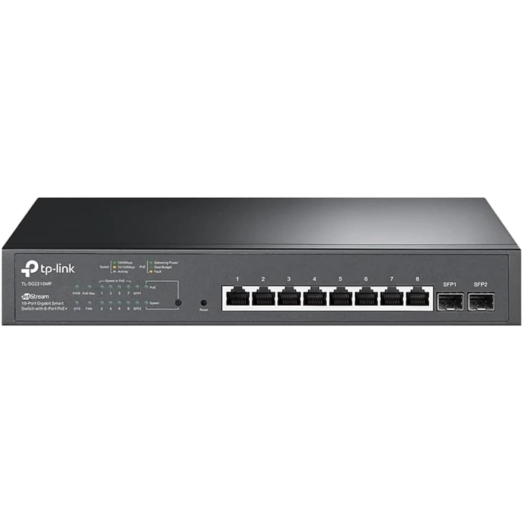 TP-Link TL-SG2210MP Jetstream 10 منافذ Gigabit Smart Managed 8 منافذ PoE+ 150W 2 SFP Slots دعم Omada SDN PoE Recovery IPv6 Static Routing