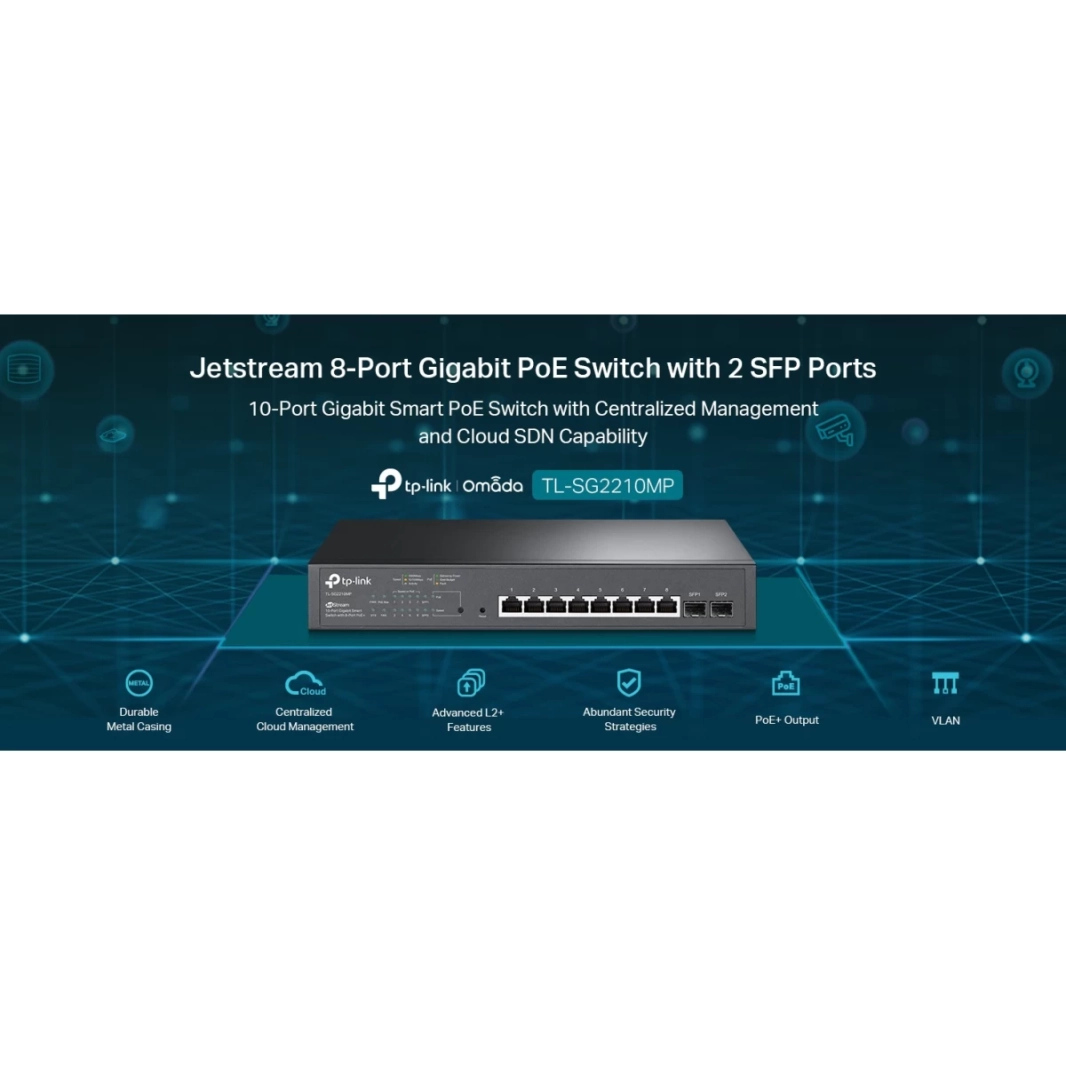 TP-Link TL-SG2210MP Jetstream 10 منافذ Gigabit Smart Managed 8 منافذ PoE+ 150W 2 SFP Slots دعم Omada SDN PoE Recovery IPv6 Static Routing