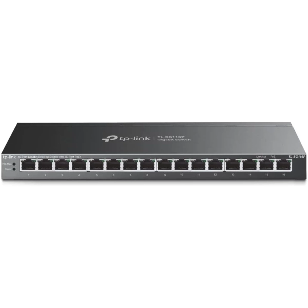 TP-Link TL-SG116P محول جيجابت مزود بـ 16 منفذًا، 16 منفذًا لـ PoE+، 120 وات، وضع الأولوية والعزل، استرداد تلقائي لـ PoE، بدون مروحة