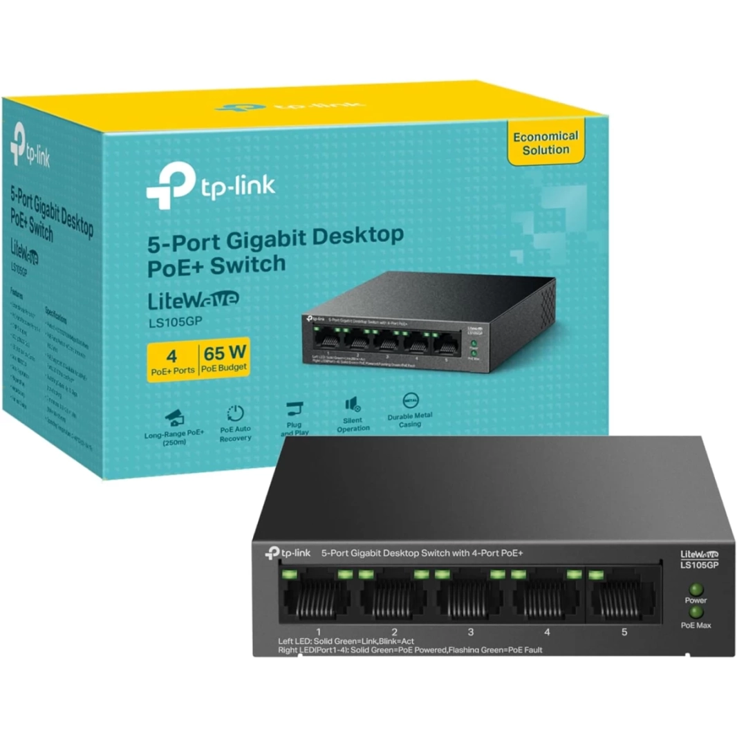 TP-Link LS105GP محول سطح مكتب Gigabit بخمسة منافذ مع 4 منافذ PoE+ حتى 10 جيجابت في الثانية 65 وات PoE تصميم سطح المكتب أو الحائط هيكل معدني