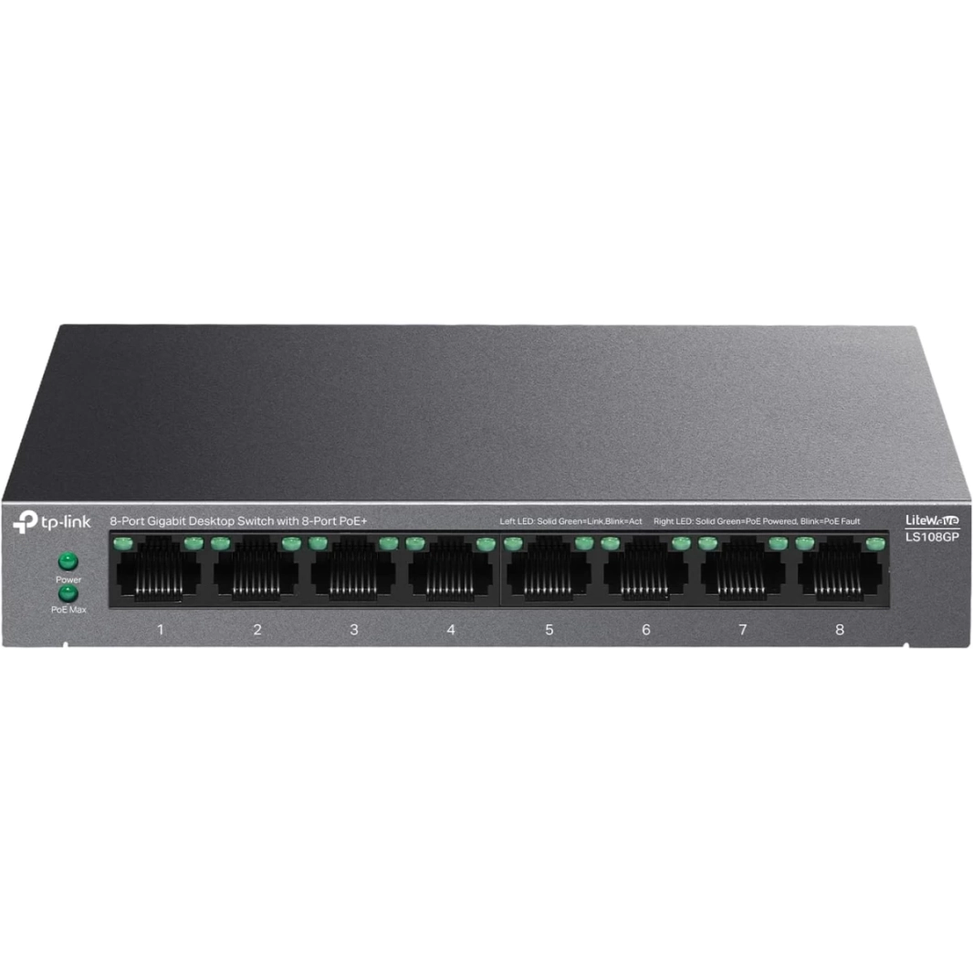 TP-Link LS108GP محول جيجابت إيثرنت مزود بـ 8 منافذ مع وضع التمديد واستعادة تلقائية لشبكة PoE وتركيب على سطح المكتب/الحائط وتشغيل صامت