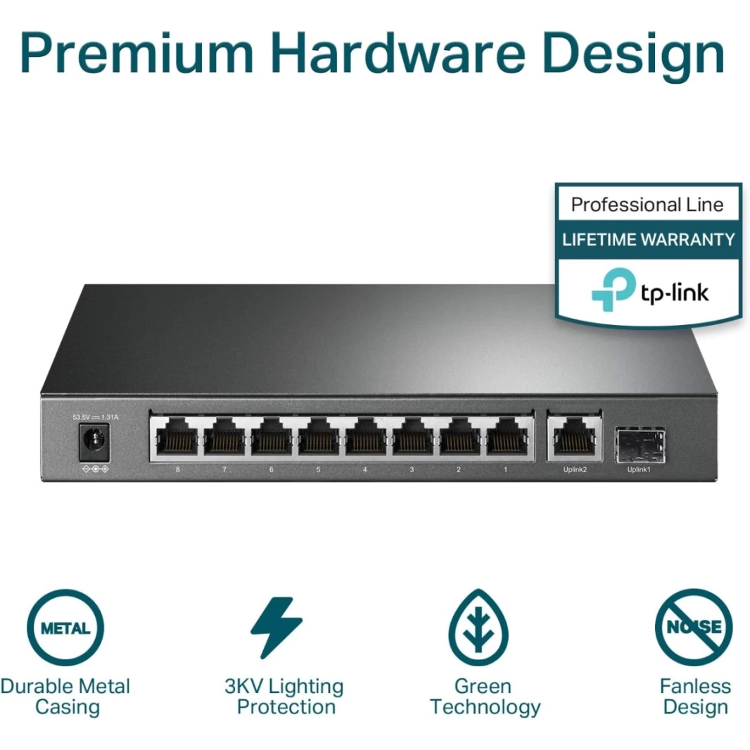TP-Link TL-SG1210P - محول Gigabit PoE بثمانية منافذ بقوة 63 وات - منفذ Gigabit واحد للربط الصاعد - فتحة SFP واحدة - تحسين حركة المرور على سطح المكتب/التثبيت على الحائط